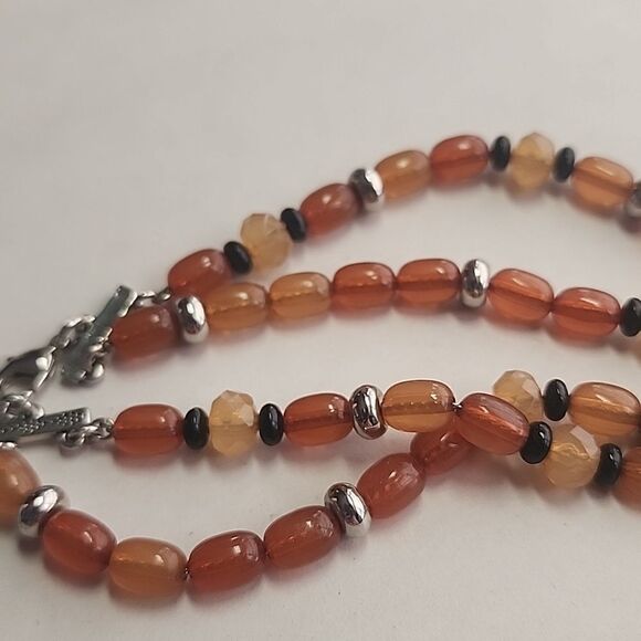 Chaps Double Strand Beaded Necklace Orange Black and Silver Tone Beads - Picture 4 of 5
